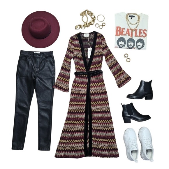 DX Collection Sweaters - DX Collection Dixie Bohemian Chevron Maxi Wrap Dress Size S Belted Bell Sleeve